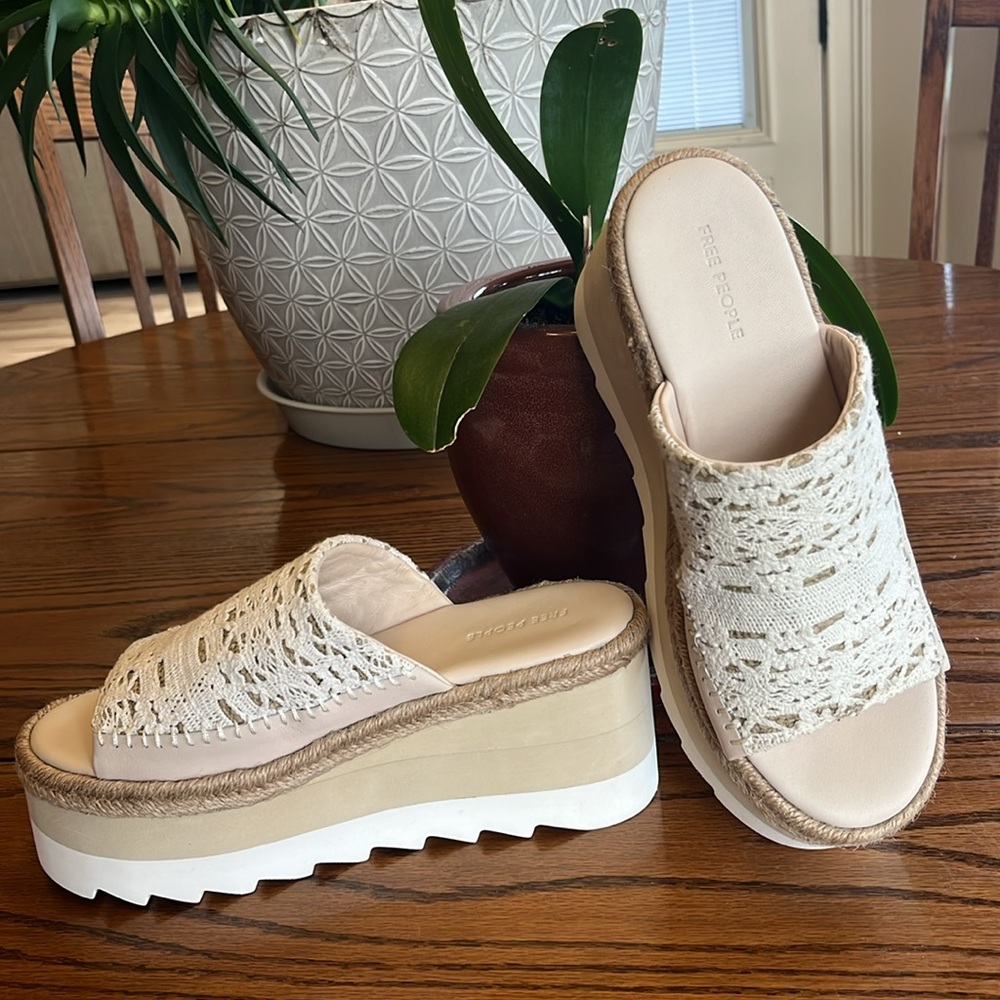 Free People Santorini Espadrille Beige Plaster Lace Platform Wedge